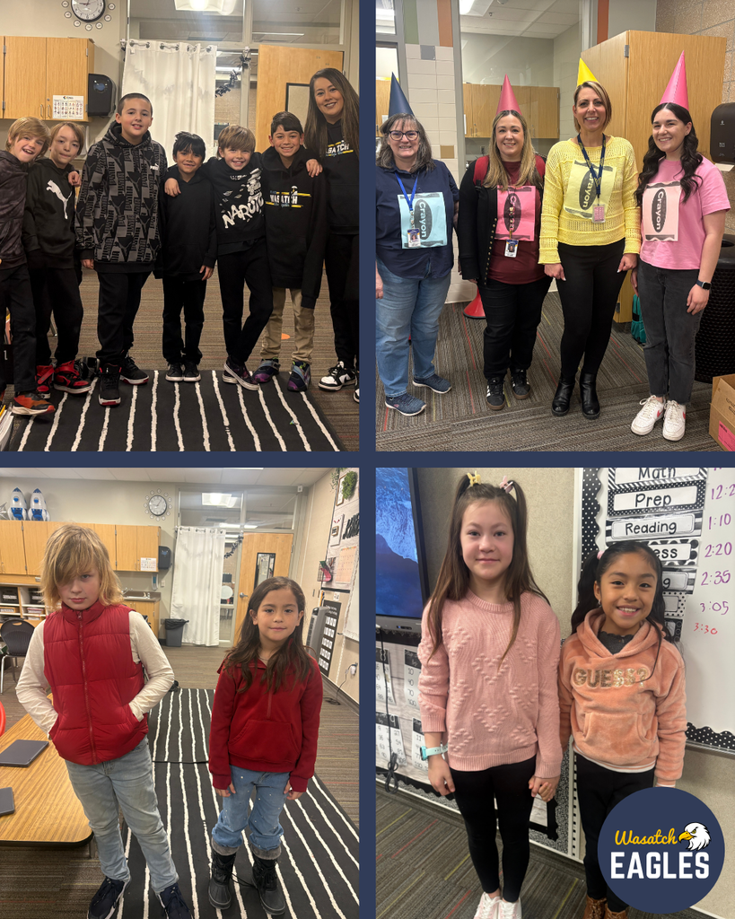 A four‑panel collage showing students and staff participating in themed dress‑up activities at school. The top-left panel shows a group of students standing together in a classroom, all wearing dark-colored outfits. The top-right panel shows three adults wearing colorful cone-shaped hats and shirts with large name‑tag style labels attached to the front. The bottom-left panel shows two students in a classroom, one wearing a red vest and jeans and the other wearing a red jacket and jeans. The bottom-right panel shows two students standing in front of a classroom whiteboard, wearing light-colored sweaters and casual pants. A “Wasatch Eagles” logo appears in the corner of the collage.