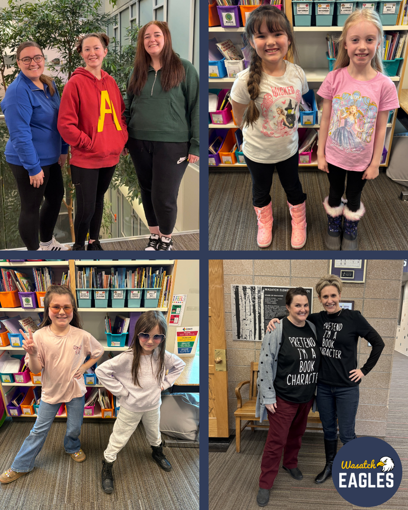 A four‑panel collage showing students and staff participating in a themed dress‑up day. The top-left panel shows three individuals standing indoors near a large plant; they are wearing coordinated outfits including a blue top, a red hoodie with a large yellow “A,” and a green sweatshirt, all with dark pants. The top-right panel shows two students standing in front of a classroom bookshelf, one wearing a shirt with a unicorn design and pink boots, and the other wearing a shirt featuring a colorful animated character with fur‑trimmed boots. The bottom-left panel shows two students posing confidently in front of a bookshelf, both wearing light-colored long-sleeve tops and loose pants. The bottom-right panel shows two individuals standing in a school hallway wearing dark long-sleeve shirts with printed text related to books or reading. A “Wasatch Eagles” logo appears in the bottom corner of the collage.