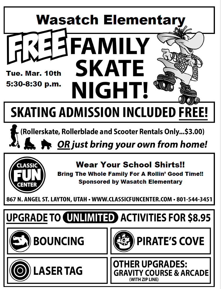 A flyer for Wasatch Elementary announcing an event on Tuesday, March 10th from 5:30 to 8:30 p.m. The flyer encourages families to wear school shirts and bring everyone for a “Rollin’ Good Time.” The bottom of the flyer notes that the event is sponsored by Wasatch Elementary.