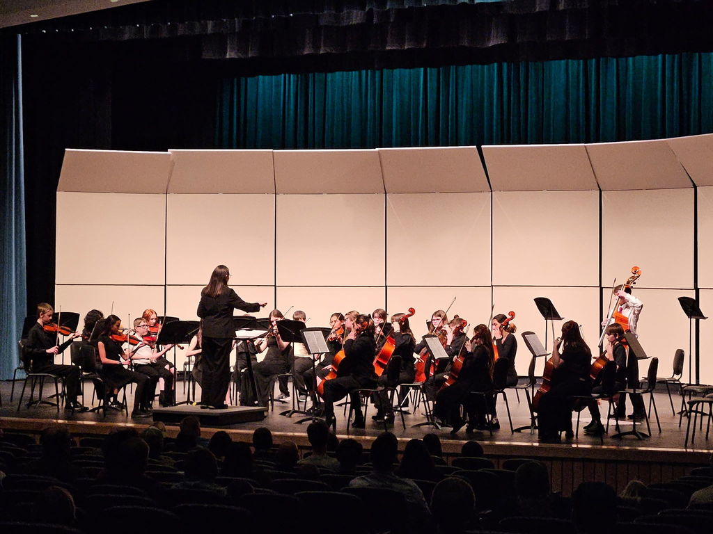 Another picture of the orchestra concert with students playing. 