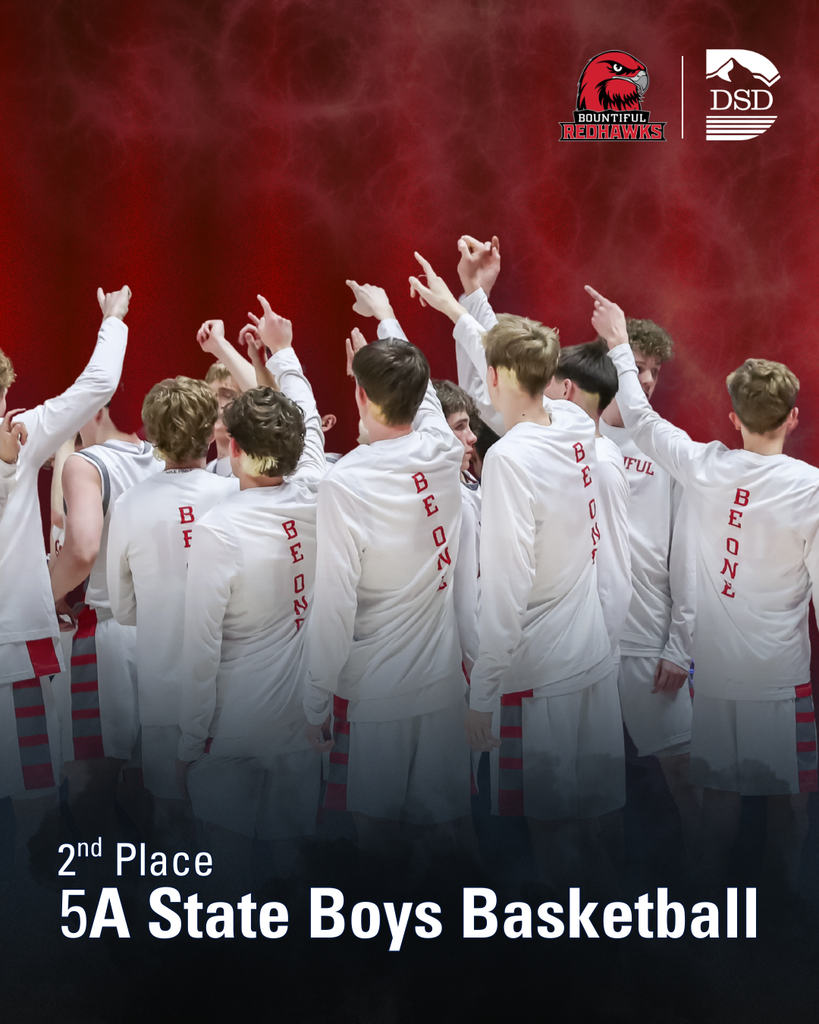 Bountiful High Boys Basketball team lifting up their hands together on a red background. The Bountiful High and Davis School District Logos. 2nd place 5A State Boys Basketball.