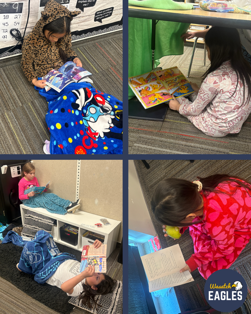A set of four images captures students reading in various comfortable spaces: one student sits wrapped in a colorful blanket reading a vividly illustrated book; another reads beneath a desk draped with a green cloth like a small tent; one student sits on a low shelf reading while another lies on a carpeted area under a blanket holding a book above them; and a final student sits on the carpet reading a chapter book while holding a green apple beside glowing lights. Each scene shows relaxed, individualized reading spots.