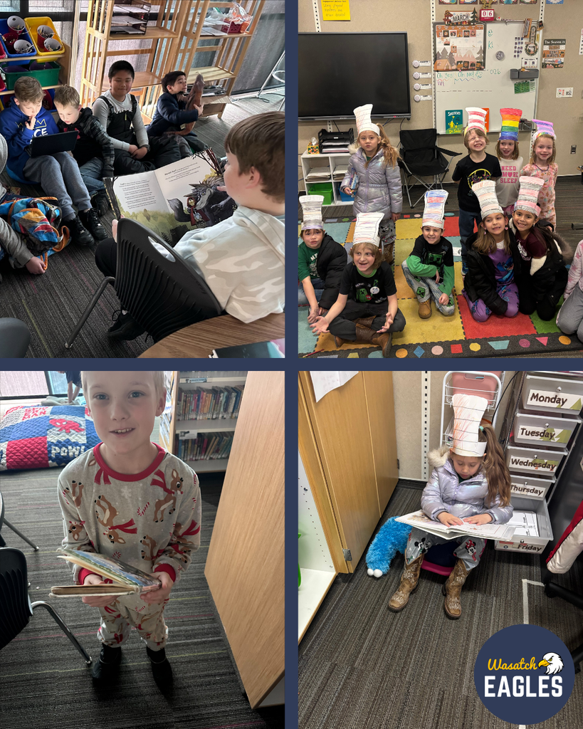 A collage of four images shows students participating in classroom reading activities: one student reads aloud to a small group seated in a circle on the carpet; another image shows a group wearing tall paper hats sitting on a colorful rug in front of a whiteboard holding papers; one student in patterned pajamas stands holding a stack of books near a classroom bookshelf; and another student sits cross‑legged on the carpet reading a book in front of labeled classroom bins. The scenes depict group and independent reading time.