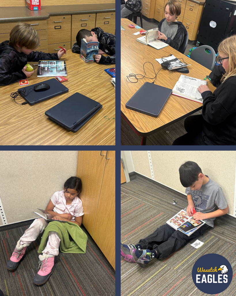 This collage features students reading in different classroom areas: two students sit at a table with laptops, a mouse, an apple, and school supplies nearby as they read books; another student sits at a table reviewing a book with a pencil and closed laptop beside them; one student sits against a wooden cabinet on the carpet with a blanket over their legs while reading; and another reads a graphic‑style book while sitting on the carpet with legs extended. The classroom includes wooden furniture, cabinets, and striped carpeting.