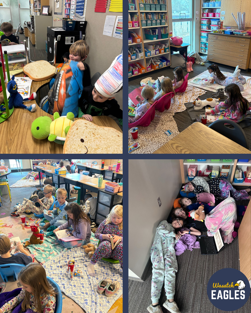 A collage of four images shows students reading in a classroom filled with plush toys, blankets, and soft seating: two students sit near a desk surrounded by stuffed animals while reading; several students stretch out on blankets and cushions in front of a bookshelf; another group sits on patterned blankets on the floor reading beside stuffed toys; and a cluster of students lies together against a wall on soft mats and blankets with books and a laptop nearby. The setting emphasizes cozy, relaxed reading spaces.