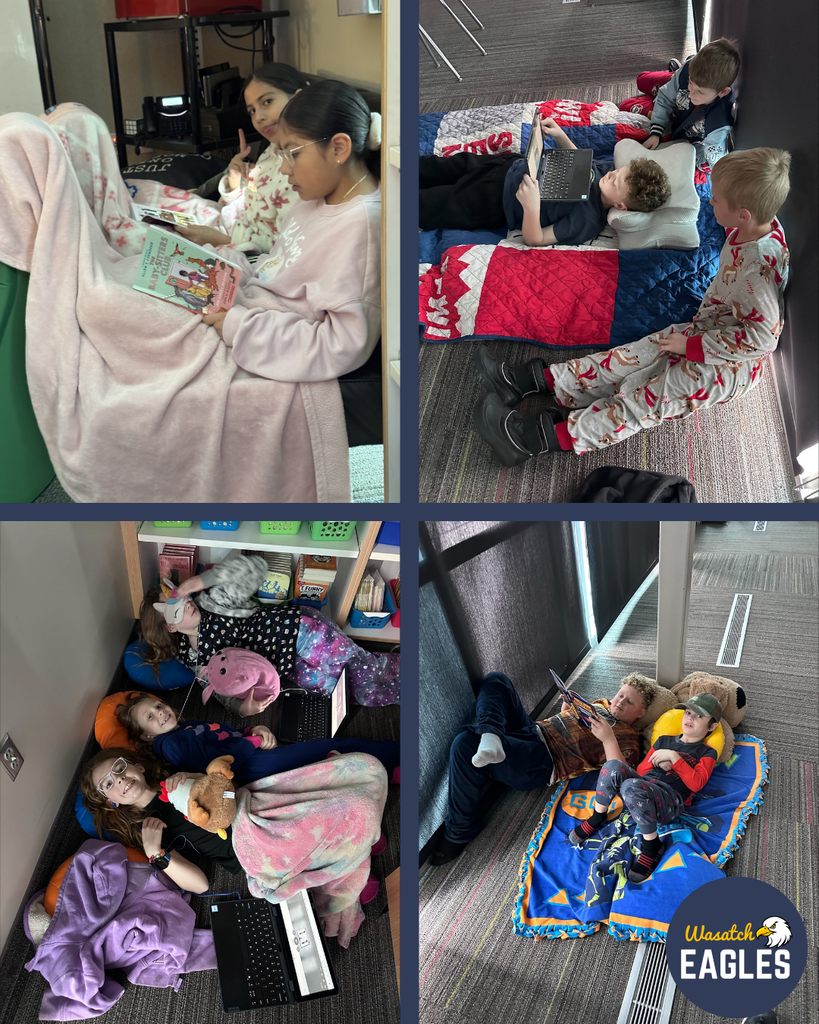 This collage shows multiple cozy classroom reading environments: a student wrapped in a plush blanket sits in a chair reading an illustrated book; three students lie on quilts on the carpet reading side by side in natural light; a group of students relaxes on cushions and blankets beside a classroom bookshelf with books and laptops; and two students lie on a blue blanket with a stuffed animal nearby while reading an illustrated book. The images highlight calm, comfortable reading spaces.