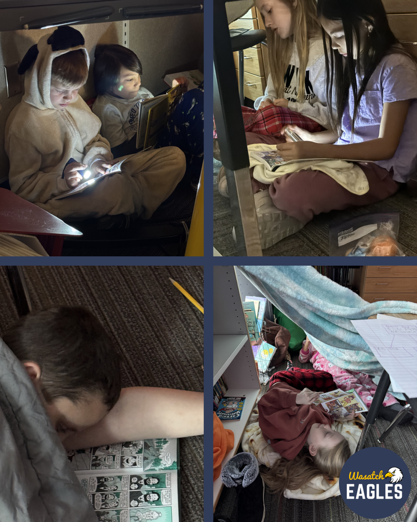 This collage depicts four cozy reading scenes: one student sits under a desk wearing a soft costume-style outfit and uses a flashlight to illuminate a book; two students sit cross‑legged on cushions beneath a desk while reading; another student lies sideways on the carpet with an open graphic novel; and two students read under a blanket fort made from a sheet draped over classroom furniture. Bookshelves, cushions, blankets, and pencils are visible throughout the scenes.