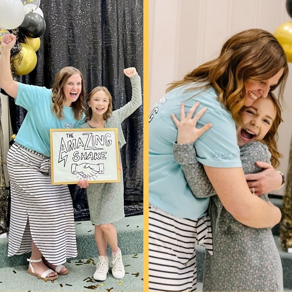 Teacher and student embrace and cheer after announcing the winner of the Amazing Shake.