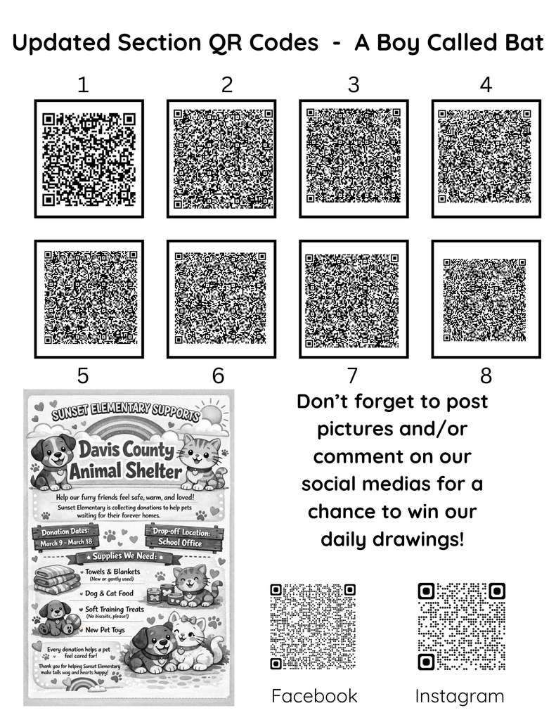 Qr codes for A Boy Called Bat with a flyer for the Davis County Animal Shelter with Face book and Instagram qr codes also.