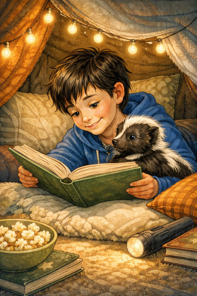 a boy and his pet skunk in a fort that was made out of blankets and pillows. They are reading a book by flash light and eating popcorn.