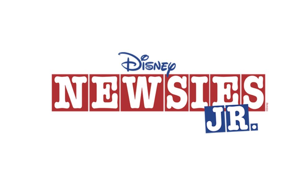 Disney Newsies Jr. in red and blue on a white background.