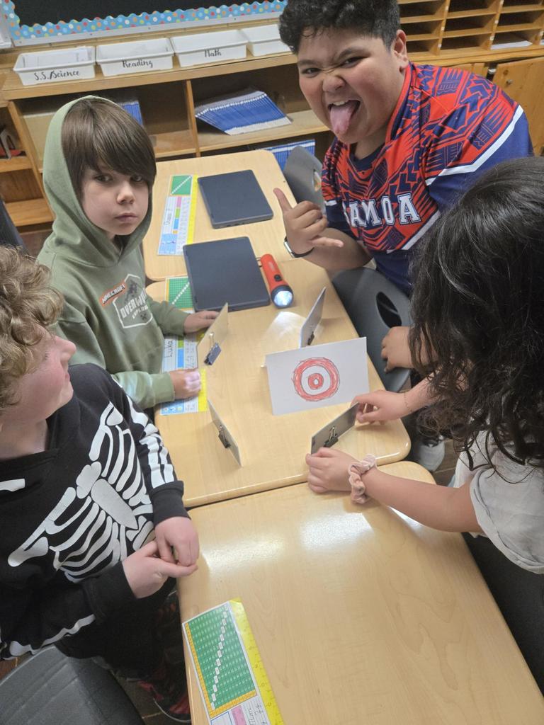 4th grade students working on a science project with flashlights and mirrors. 