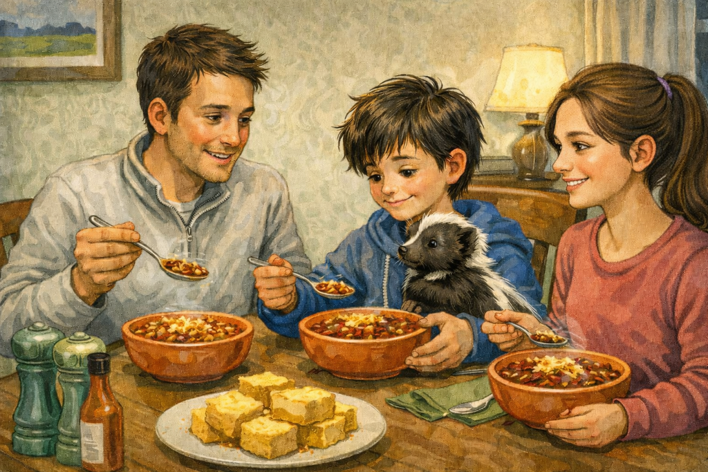 A father, son, skunk, and sister eating chili at the table.