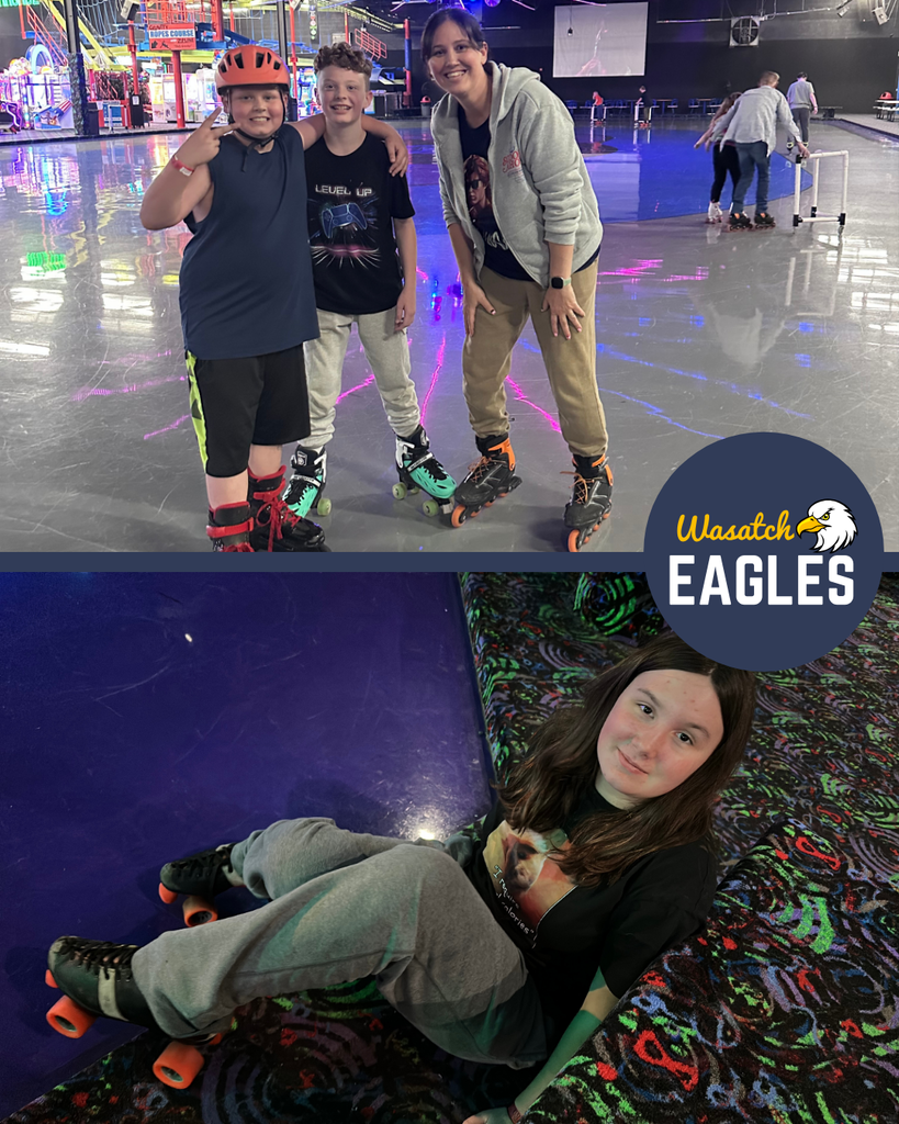 A collage of two photos from a roller‑skating rink. The top photo shows three individuals standing on the skating floor wearing roller skates, helmets, and casual clothing, with colorful lights reflecting off the smooth surface. The background includes arcade-style lighting and other skaters. The bottom photo shows an individual sitting on the patterned carpet near the edge of the rink, wearing roller skates and relaxed, casual clothing. A circular Wasatch Eagles logo appears on the right side of the collage.