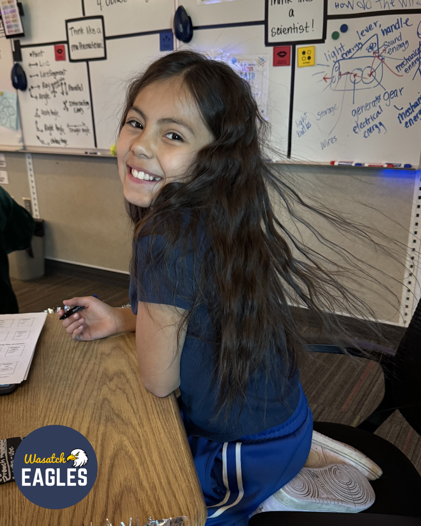 A student sits at a classroom desk with long hair standing out in multiple directions from static electricity. The student is holding a pencil over a worksheet. Behind the student is a whiteboard filled with notes, diagrams, and vocabulary about light and energy. A Wasatch Eagles logo is visible on the corner of the desk.