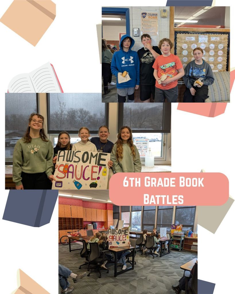 6th  Grade Book Battle Teams holding their posters and battling for their teams.