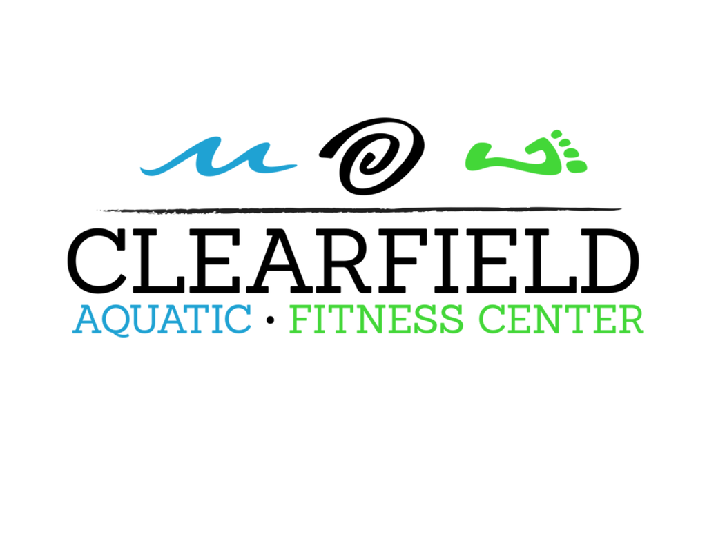 Clearfield aquatic center logo in blue and green with a wave, a spiral, and a footprint.