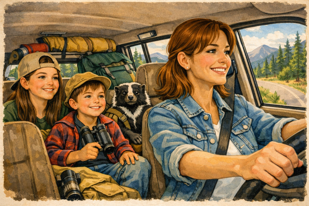 A family in the car with the baby skunk. Mom is driving the family on an adventure in the mountains.