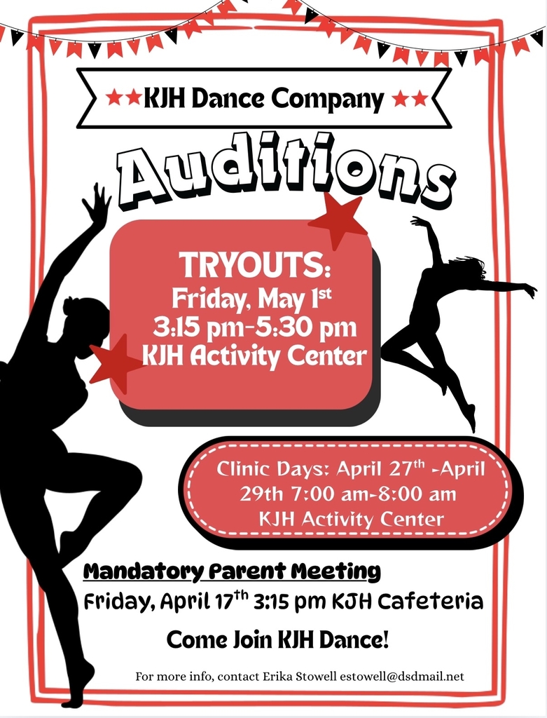 image of lady silhouettes dancing kjh dance company auditions tryouts: friday, may 1st 3:15-5:30 pm kjh activity center clinic days: april 27th - april 29th 7:00 am-8:00 am kjh activity center mandatory parent meeting friday, april 17th 3:15 pm kjh cafeteria come join kjh dance! for more info, contact erika stowell estowell@dsdmail.net