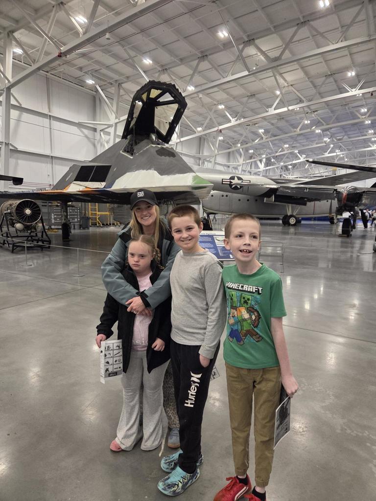 Groups of sixth grade students pictured with planes at the HAFB Aerospace Museum.