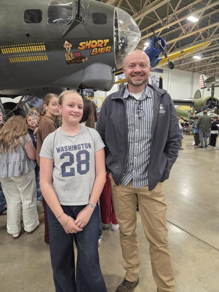 Groups of sixth grade students pictured with planes at the HAFB Aerospace Museum.