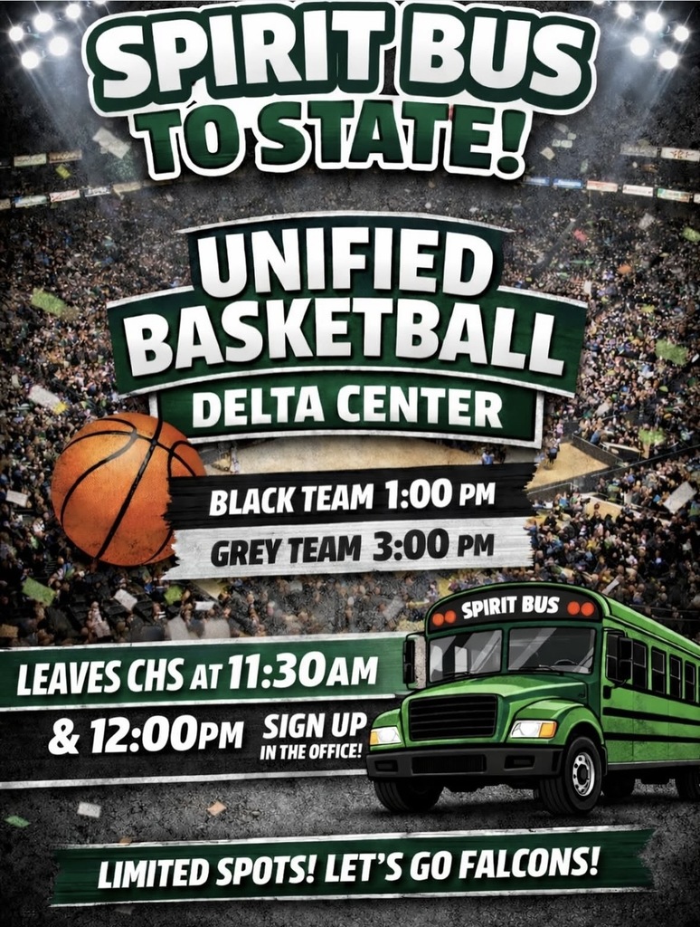 Spirit Bus to State for Unified Basketball, Monday, March 16th.  Sign up for a spot in the office.