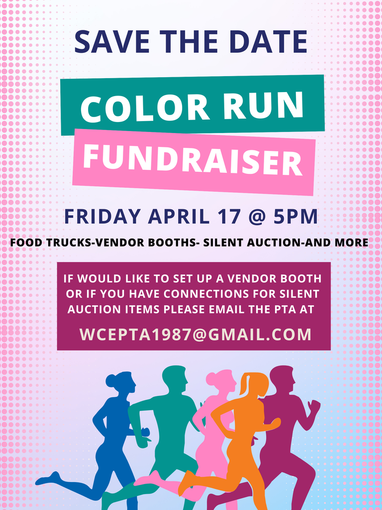 Image of people running and information about the school upcoming color run. All information can be found int the text.
