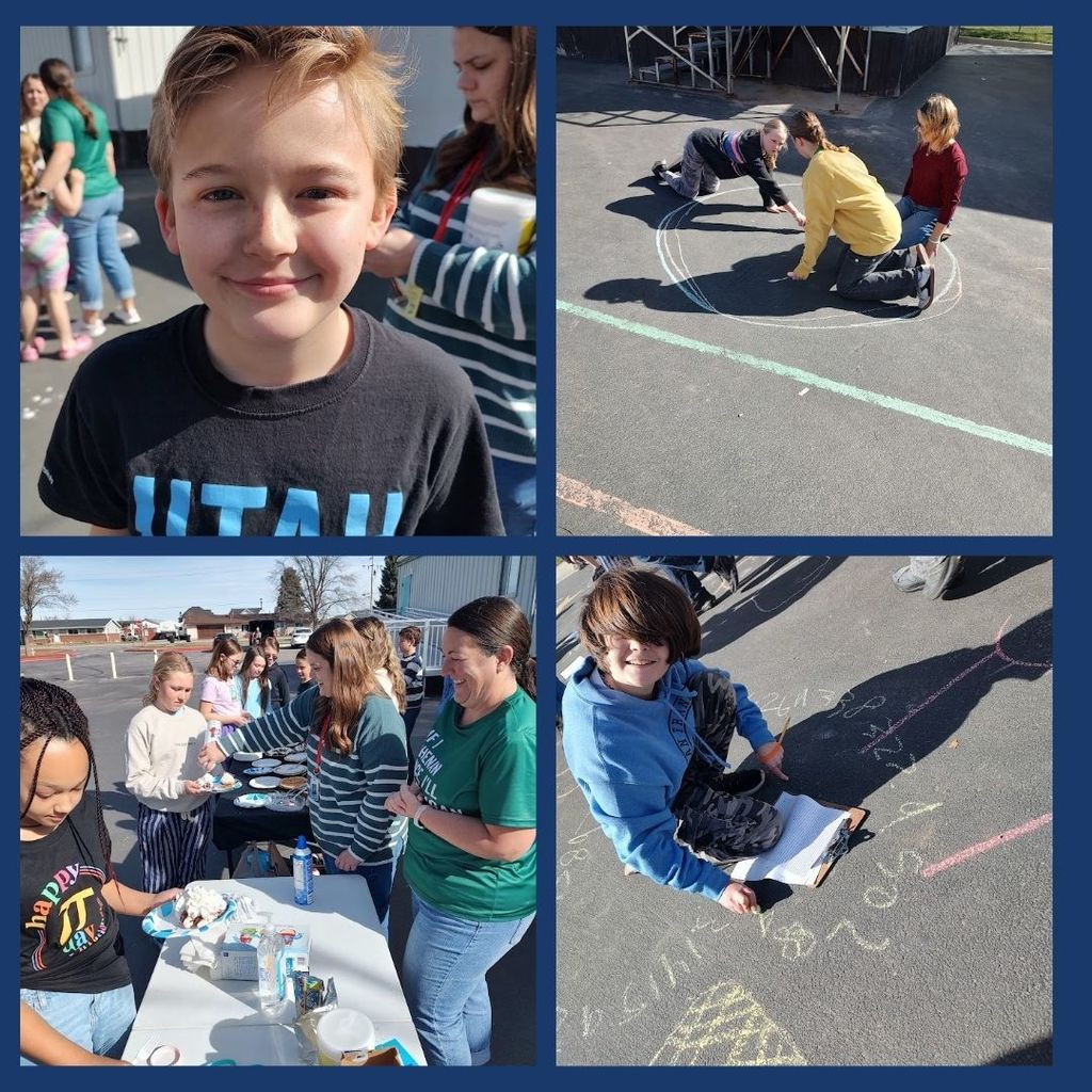 Students outside with pie and drawing circles on pavement with chalk.