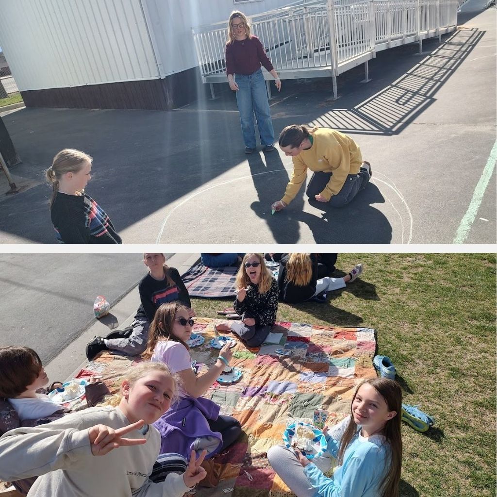 Students draw with chalk on the pavement and eat pie outside.