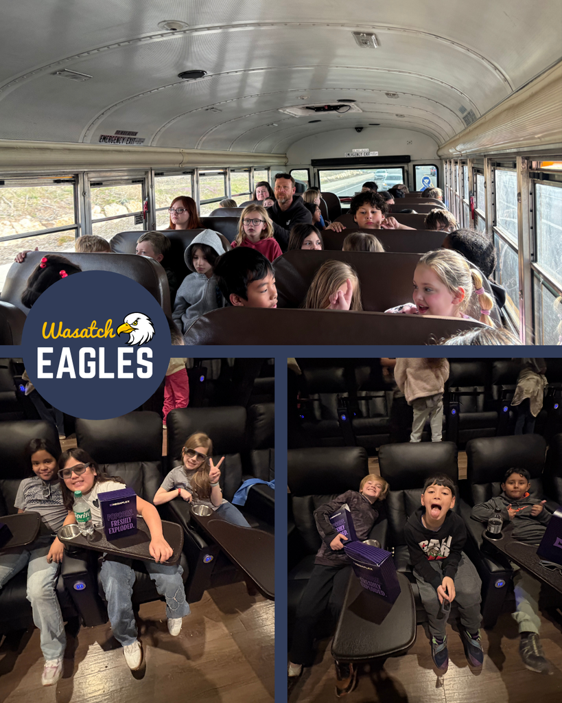 Collage of photos showing elementary students seated inside a school bus during a field trip. Students are sitting in brown bus seats, some holding small snack packs and purple activity folders. The bus interior includes rows of seats, windows on both sides, and the front windshield visible in the background. A circular graphic reading “Wasatch Eagles” appears on the left side of the collage.