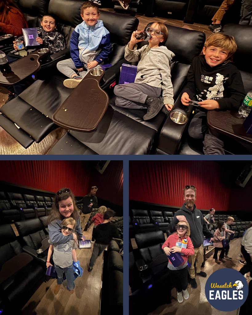 Collage of photos taken inside a movie theater during a school field trip. The top image shows several elementary students seated in black reclining theater chairs with built-in trays and cup holders, holding snacks and small activity folders. The bottom images show students and adults standing and walking in the theater aisle between rows of seats, some holding jackets or bags. The theater features dark seating, a wood-toned floor, and red curtains near the screen. A “Wasatch Eagles” logo appears in the lower-right corner of the collage.