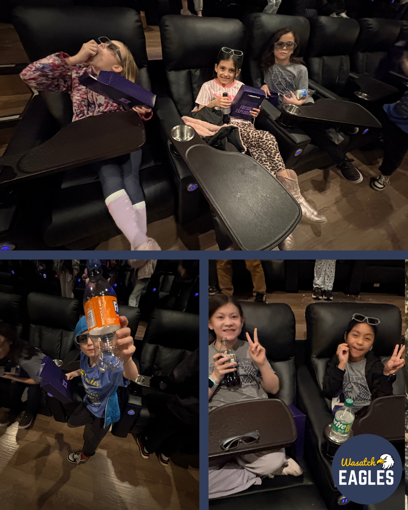 Collage of photos taken inside a movie theater during a school field trip. The top image shows elementary students seated in black reclining theater chairs with tray tables and cup holders, holding purple activity folders and snacks. One student is leaning back in the seat while others sit comfortably with drinks nearby. The bottom images show students seated and standing in the theater seating area, holding drinks and activity folders, with rows of black recliners visible throughout. The theater has dim lighting, dark seating, and a wood-toned floor. A “Wasatch Eagles” logo appears in the lower-right corner of the collage.