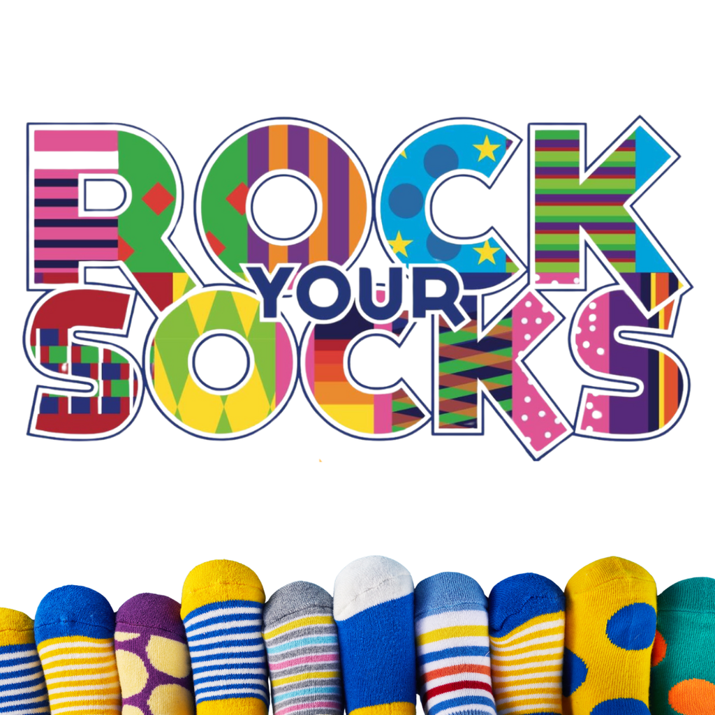 Colorful text that reads "Rock your socks"  with image of mismatched colored socks