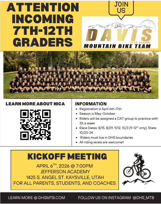 DHS Mountain Bike Team - kick off meeting April 6th at 7:00 at Jefferson Academy.