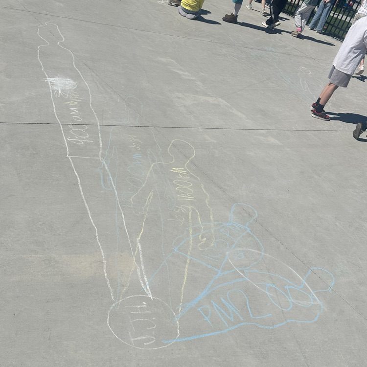 chalk drawings of shadows with times written inside 