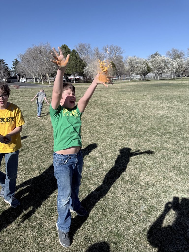 A boy in a green t-shirt tosses a handful of bright orange powder high into the air on a clear, sunny day.