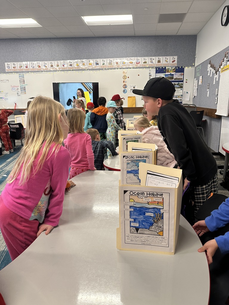 1st Graders standing next to their animal reports.