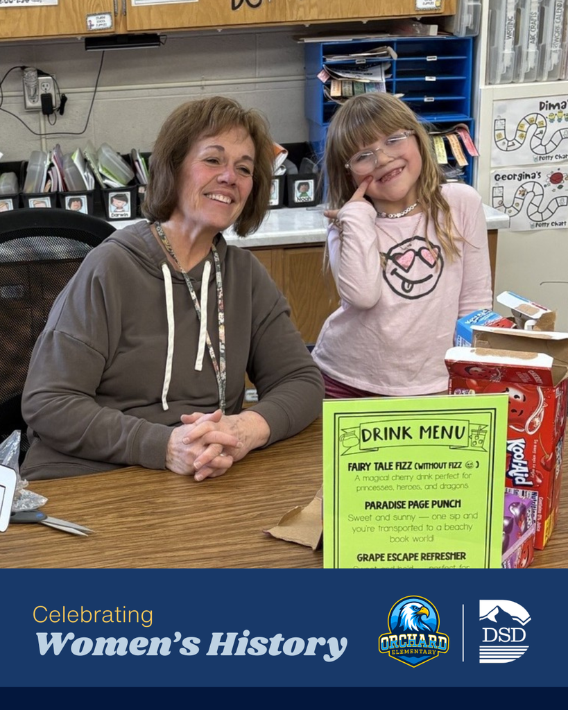 A teacher engaging with a student. A banner that reads: "Celebrating Women's History"  with the Orchard Elementary and Davis School District Logos.