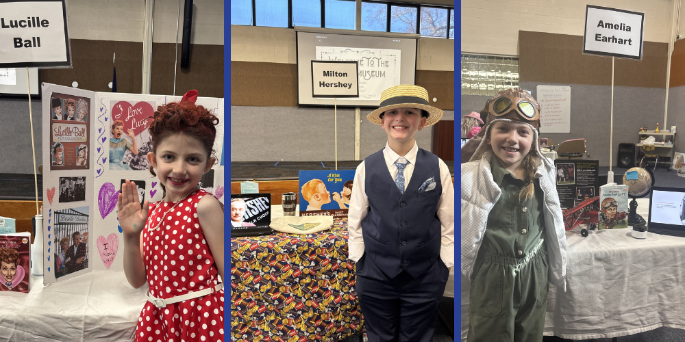 Three 3rd dress up for the living museum as Lucille Ball, Milton Hershey and Amelia Earhart.