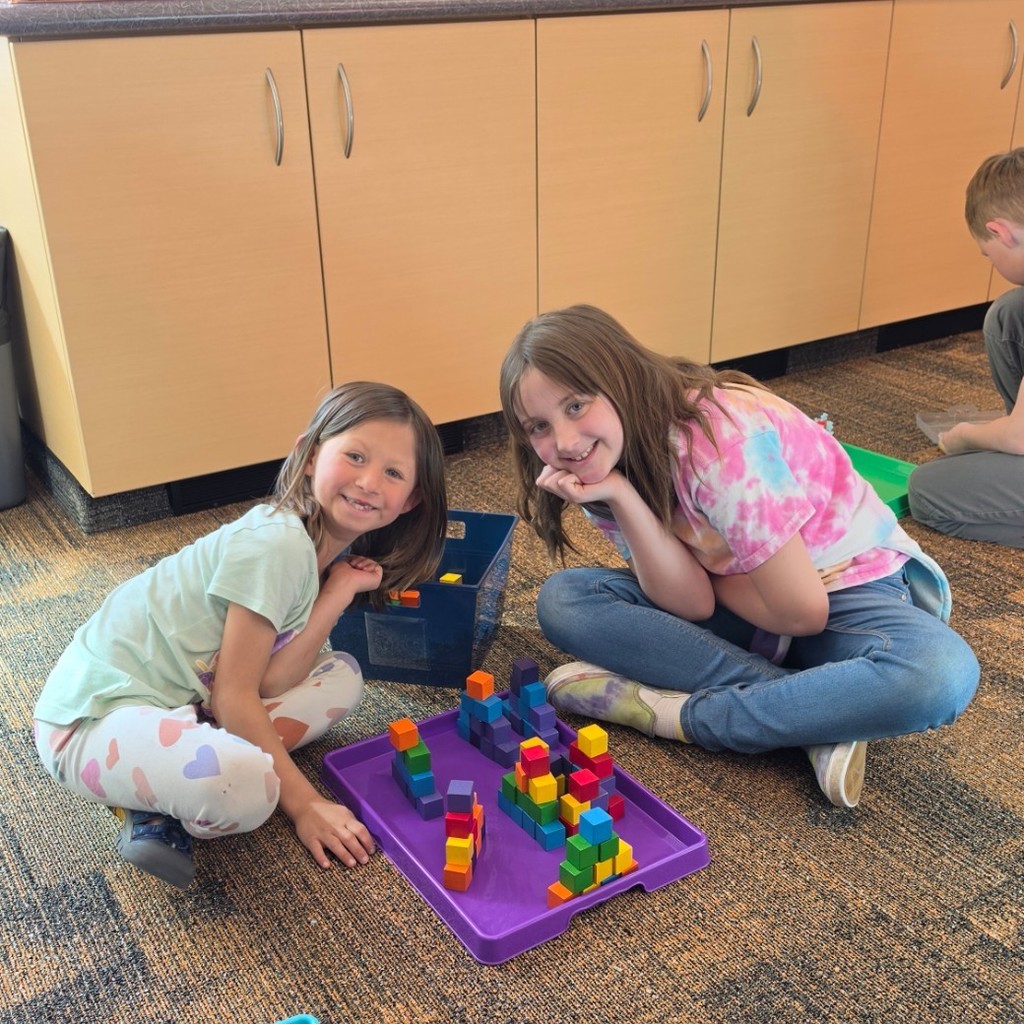 Two students sit beside a purple tray filled with colorful cube towers and stacked block designs.