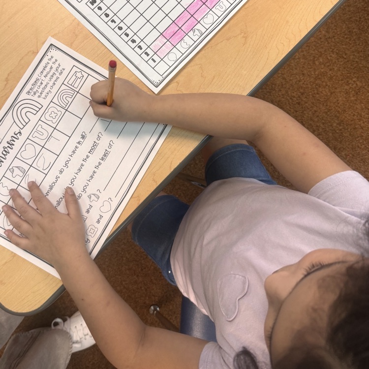 kindergartners doing a math and writing activity on St. Patrick’s day