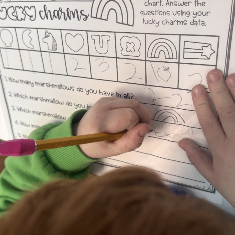 kindergartners doing a math and writing activity on St. Patrick’s day