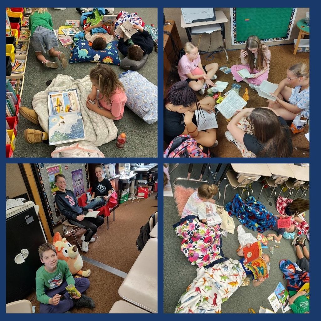 Students reading books. 