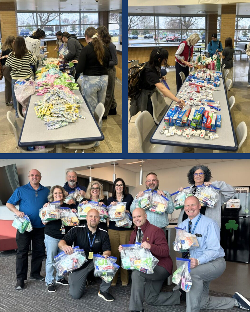 Students and admin assembling hygiene kits for students in need. 
