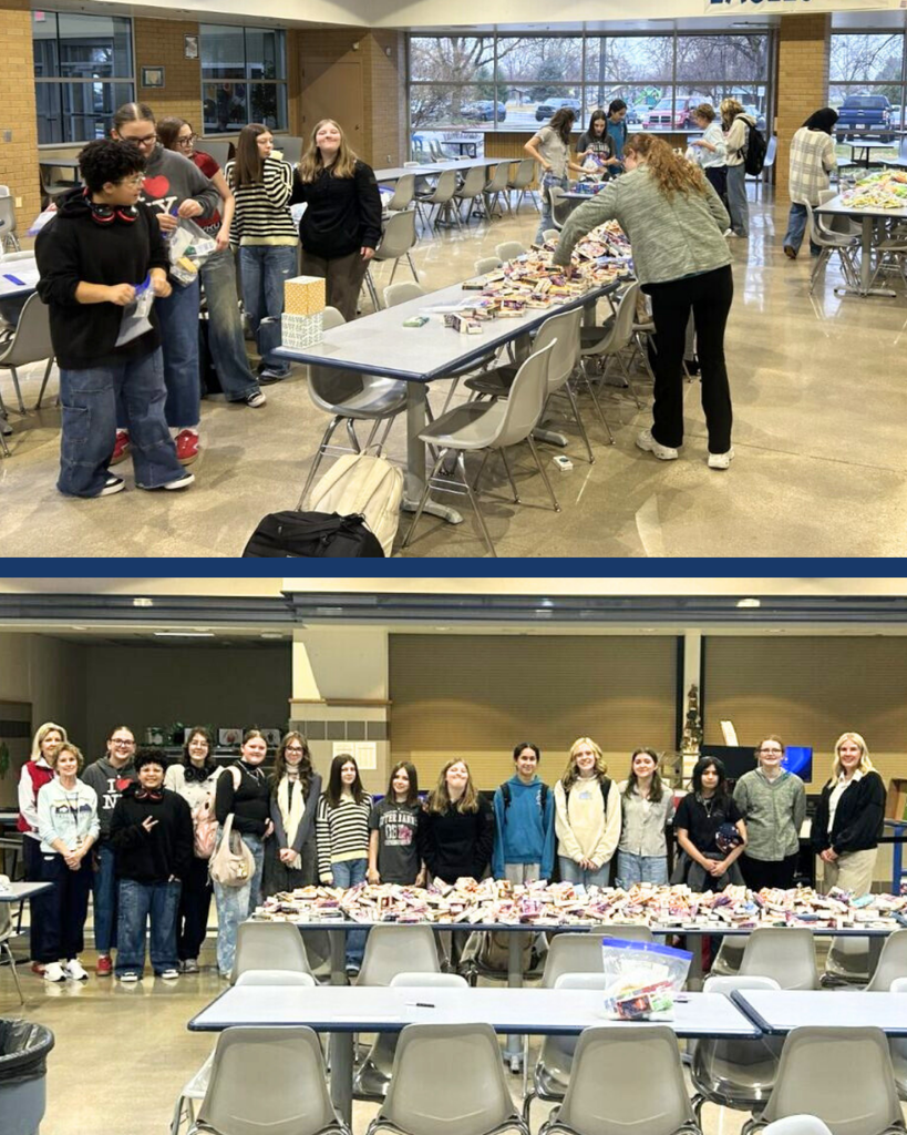 Students and admin assembling hygiene kits for students in need. 