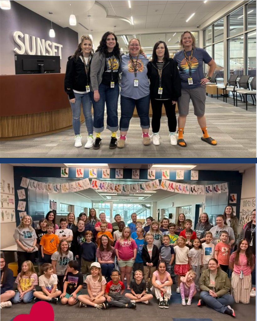 Two group photos of admin and students showing off their mismatched socks.