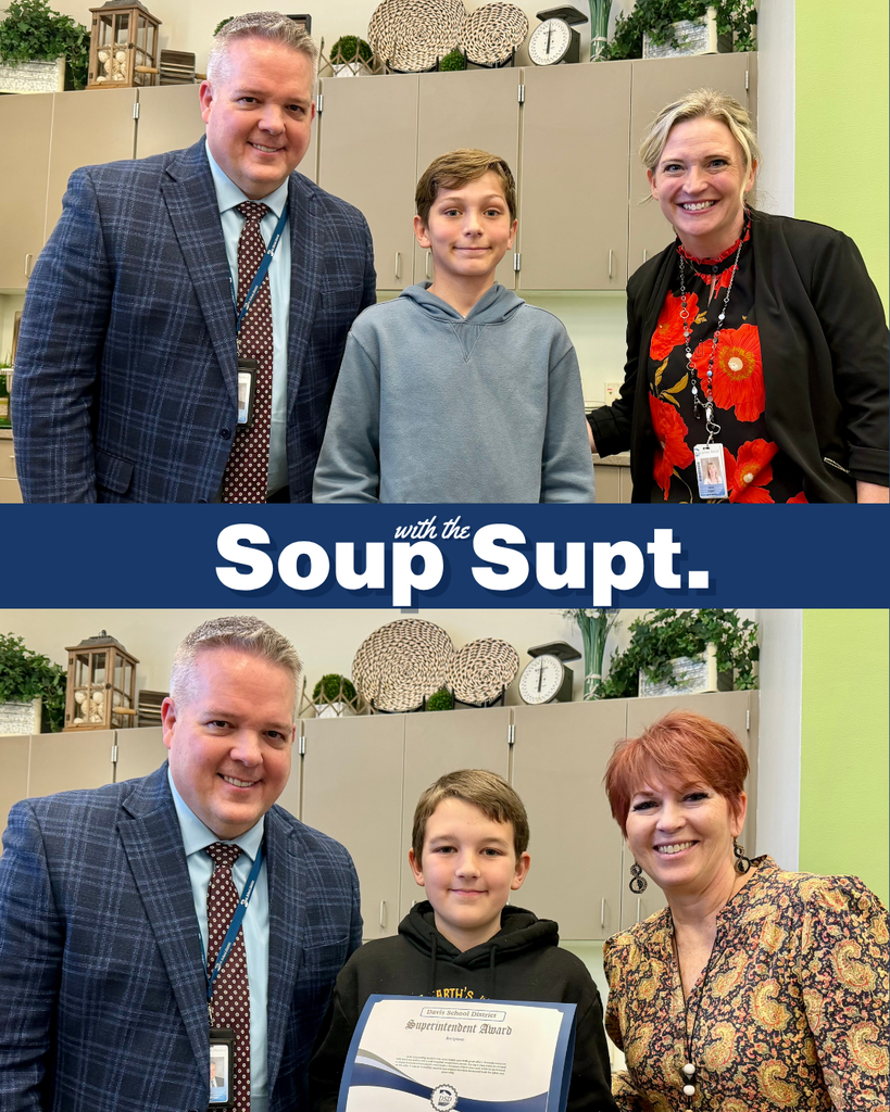 A student smiling with their principal and Dr. Linford, Davis School District Superintendent. 