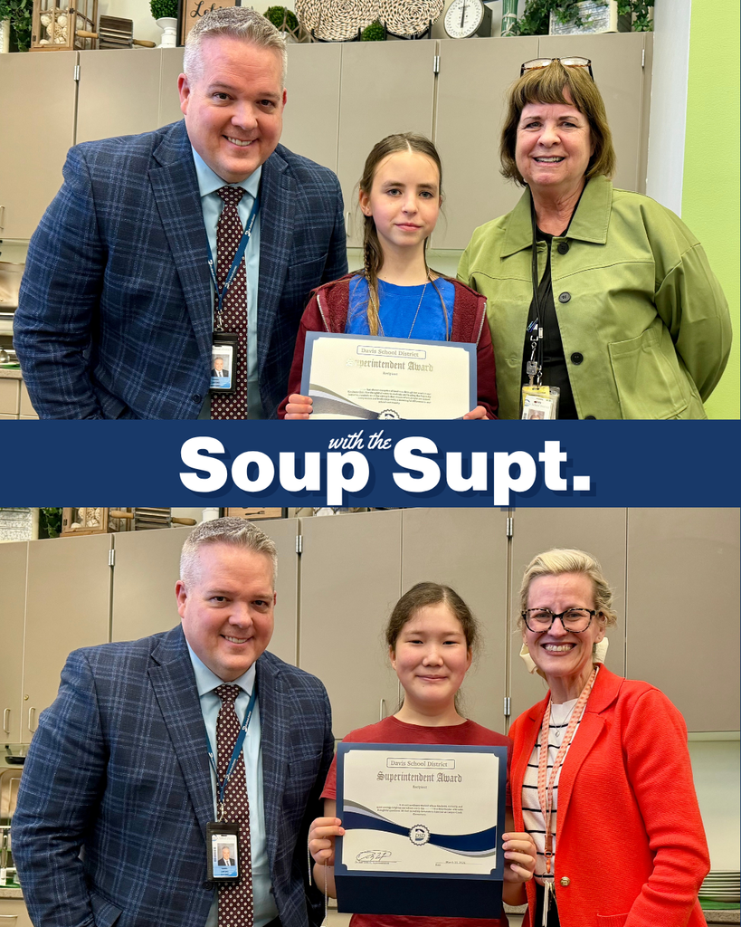 A student smiling with their principal and Dr. Linford, Davis School District Superintendent. 