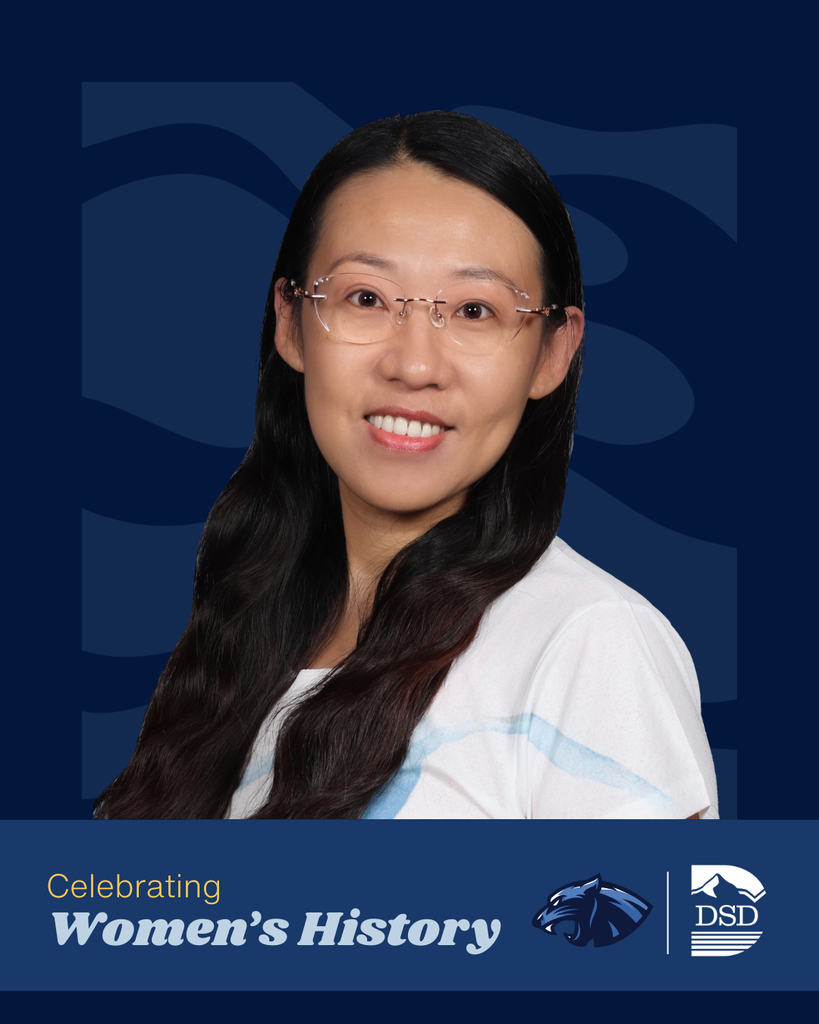 Celebrating Women's History. Mueller Park Jr High and Davis School District Logos. Photo of someone smiling at the camera. 