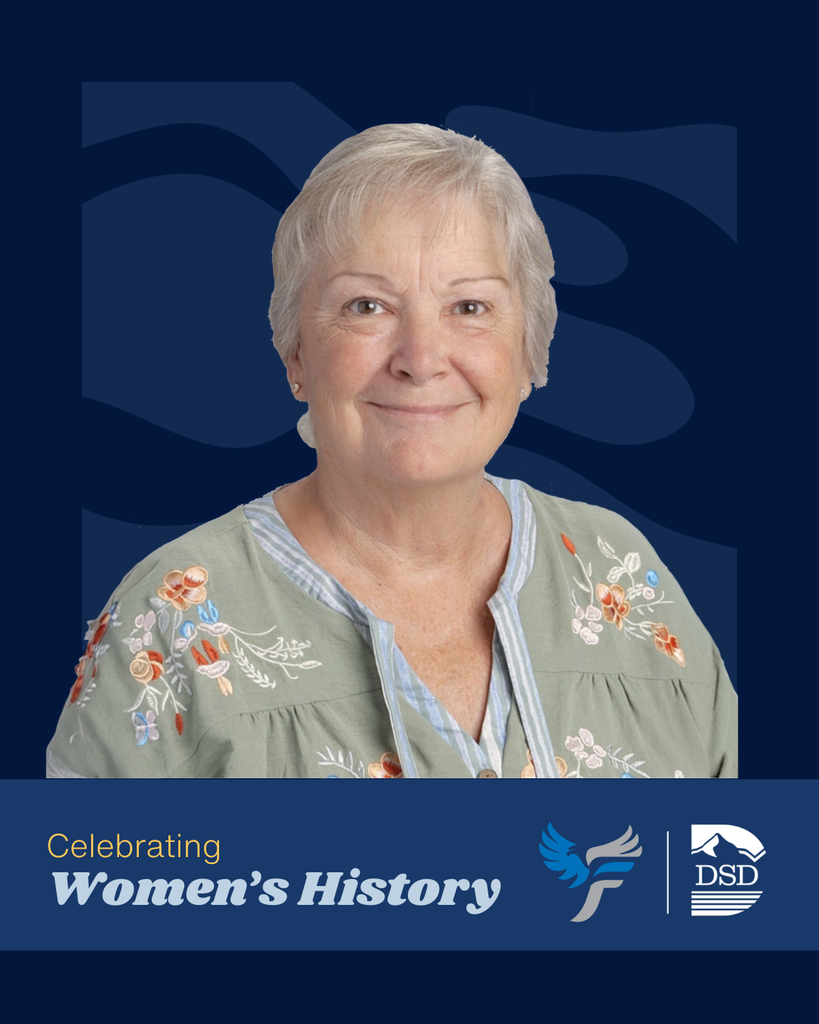 Celebrating Women's History. Fairfield Jr High and Davis School District Logos. Photo of someone smiling at the camera. 